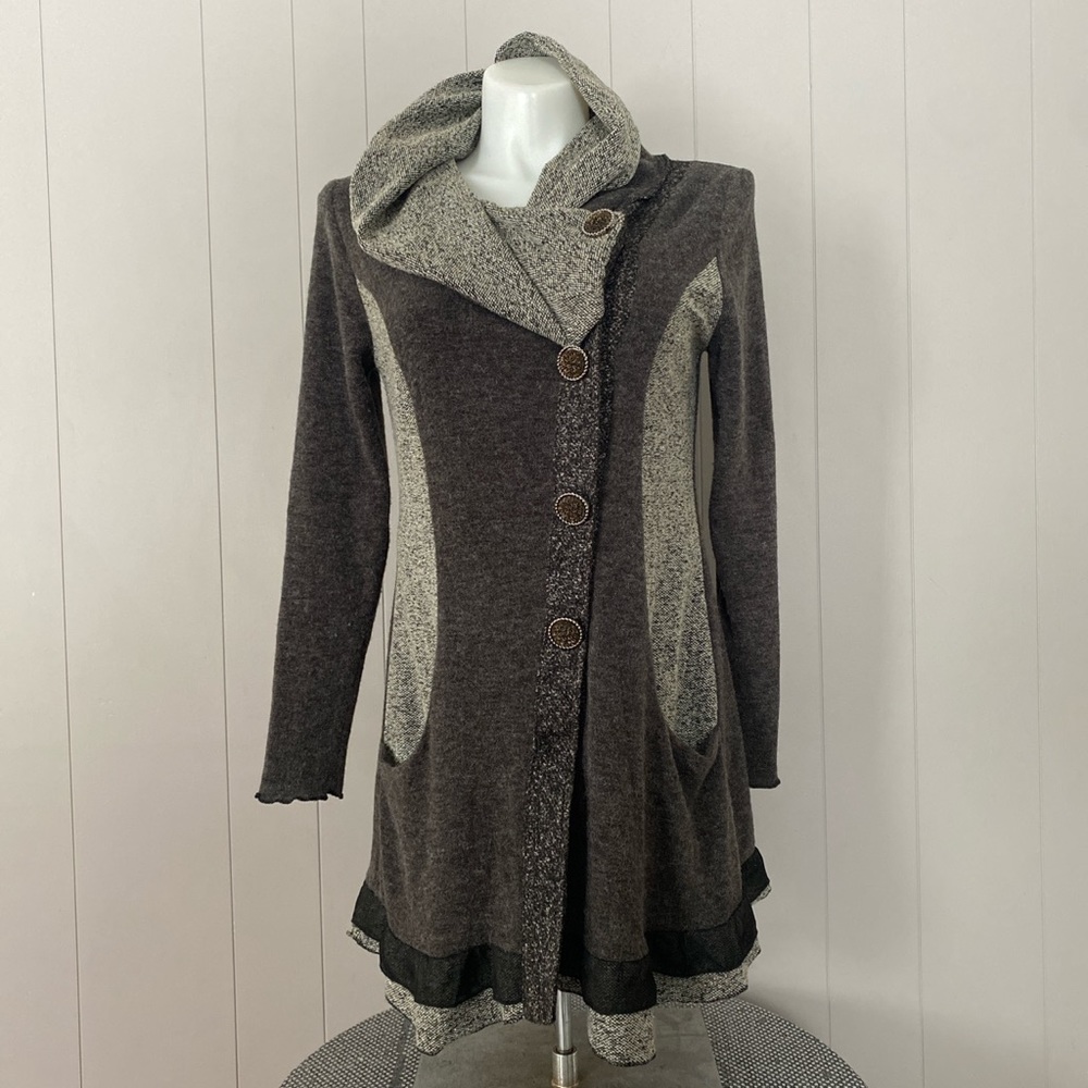 vtg 90s / Y2K sweater cardigan duster 
cowl neck - asymmetrical - gold glittery